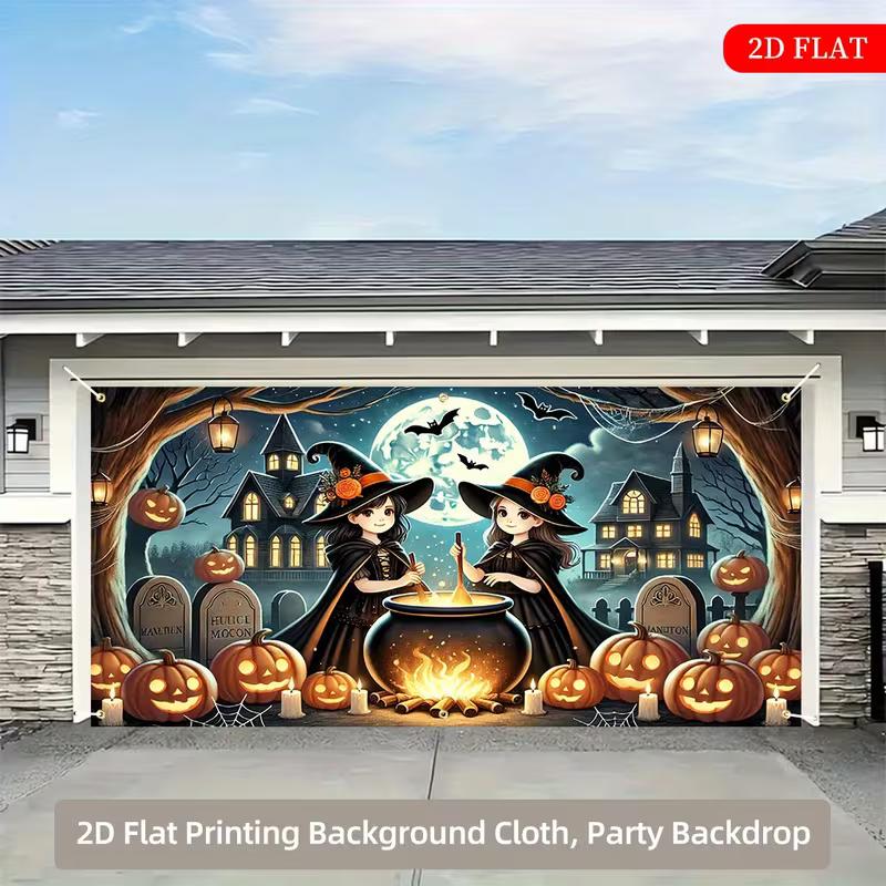 

2D Cute Witch Halloween Garage Door Backdrop, Spooky Pumpkin & Cauldron Background Cloth for Holiday Decoration 47.2x31.5inch/120*80cm