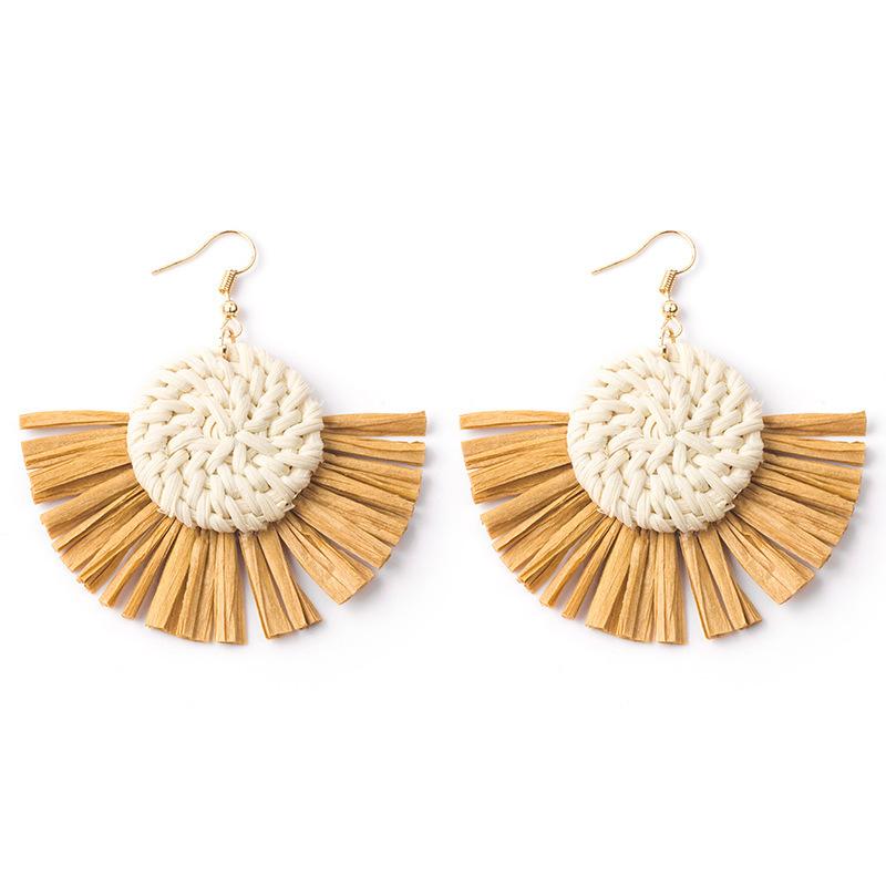 Hand-Woven Geometric Rattan Raffia Earrings, Retro Resort Fan Stud Earrings, Earrings For Women