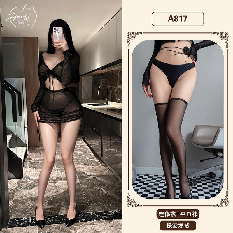 Sex underwear, sexy purple mesh, perspective free-to-take hip skirt, pure desire wind robe set A