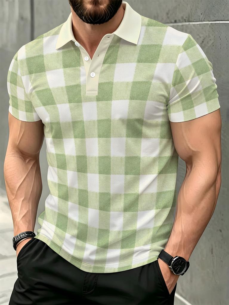 Men'S Outdoor Polo Shirt, Multi-Sizes Available, Green And White Checkered Print, Fashionable Casual Comfortable Top for Hiking And Leisure, Versatile