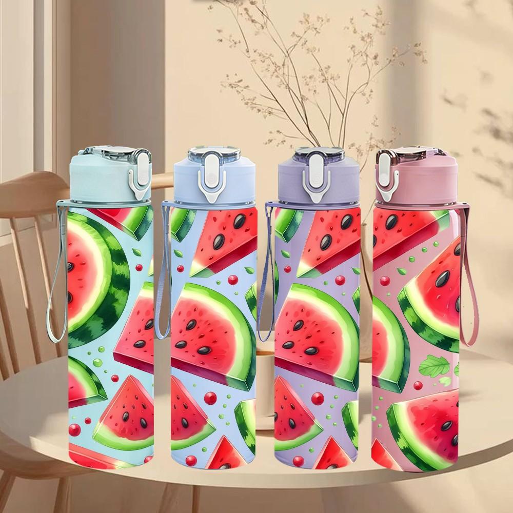 1PC Watermelon Slice Summer Fruit Print 750ml Color Plastic Sports Water Bottle Leakproof Flip Straw Lid Suitable for Sports Office Home Use