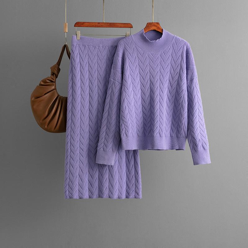 Autumn and winter new jacquard semi-turtleneck long-sleeved knitted sweater pullover + skirt two-piece set