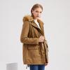 Giacca calda chic da donna in pile invernale con cappuccio e collo in pelliccia tinta unita a maniche lunghe con coulisse S-3XL