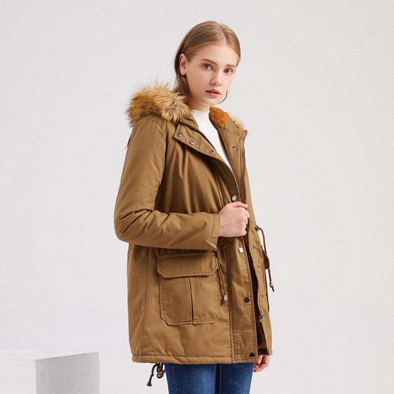 Giacca calda chic da donna in pile invernale con cappuccio e collo in pelliccia tinta unita a maniche lunghe con coulisse S-3XL