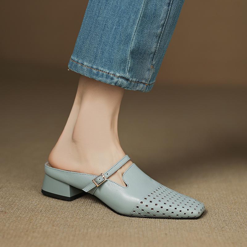 Mode 2025 Sommer Damen Schuhe Echtes Leder Eckige Zehenpartie Damen Sandalen Ausgehöhlt Atmungsaktive Sandalen für Damen Klobiger Absatz Pantoletten Schuhe