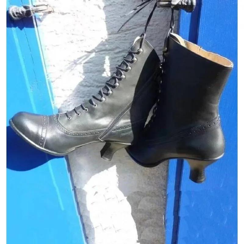 New Women Short Boot PU Leather Bikerboots High Heel Pointed Toe Boots Women's Victorian Boots Retro Botas