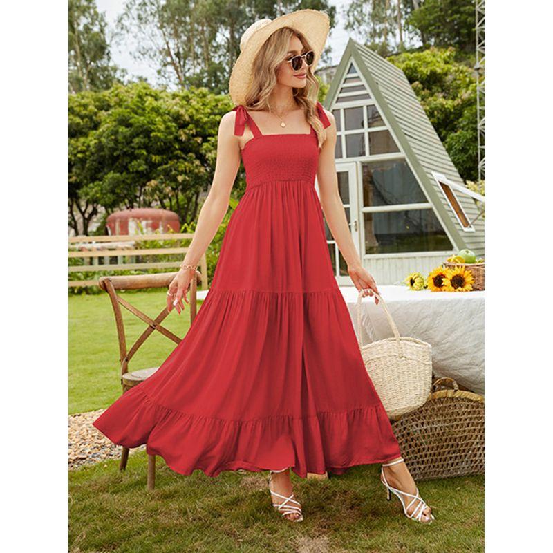 

Женская одежда для внешней торговли Лето Новое Европейское и американское женское платье на бретелях Однотонное с широким подолом Драпированное платье Платье с бантом на шнуровке Red L