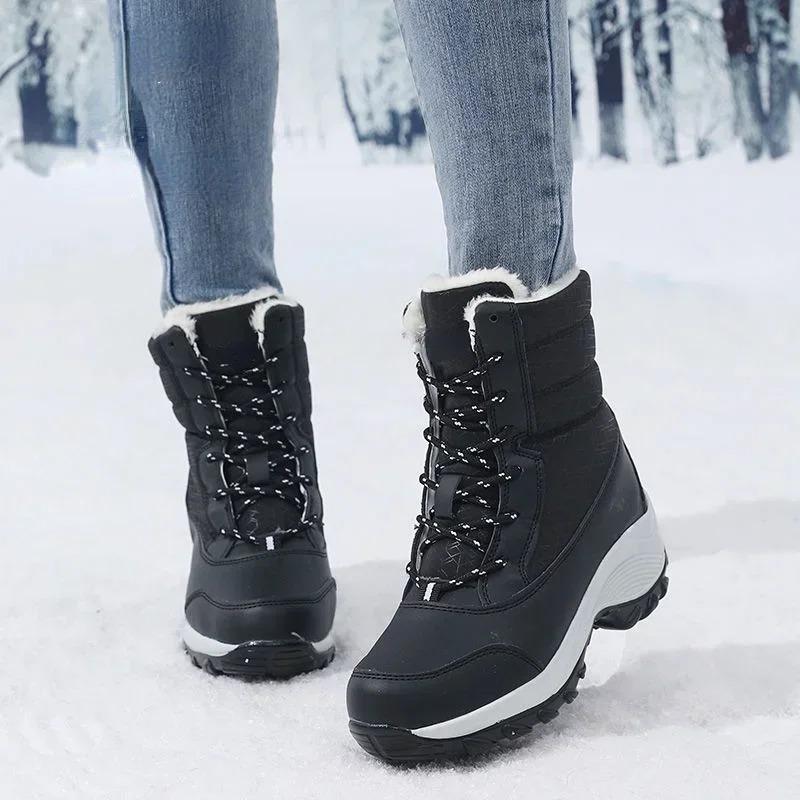 Boots for Women Platform Outdoor Snow Boots Non-slip Winter Walking Shoes Fur Warm Ankle Boots Wedge Waterproof Thigh High Boots