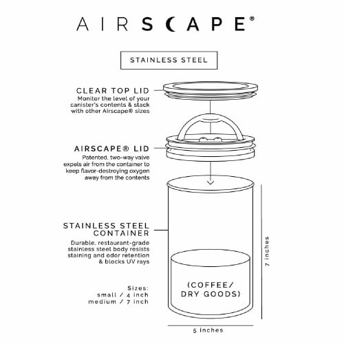 Airscape Stainless Steel Coffee Canister | Grocery Storage Container | Patented Airtight Lid | Keeps Food Fresh by Pushing Air Out (Small, Matte White