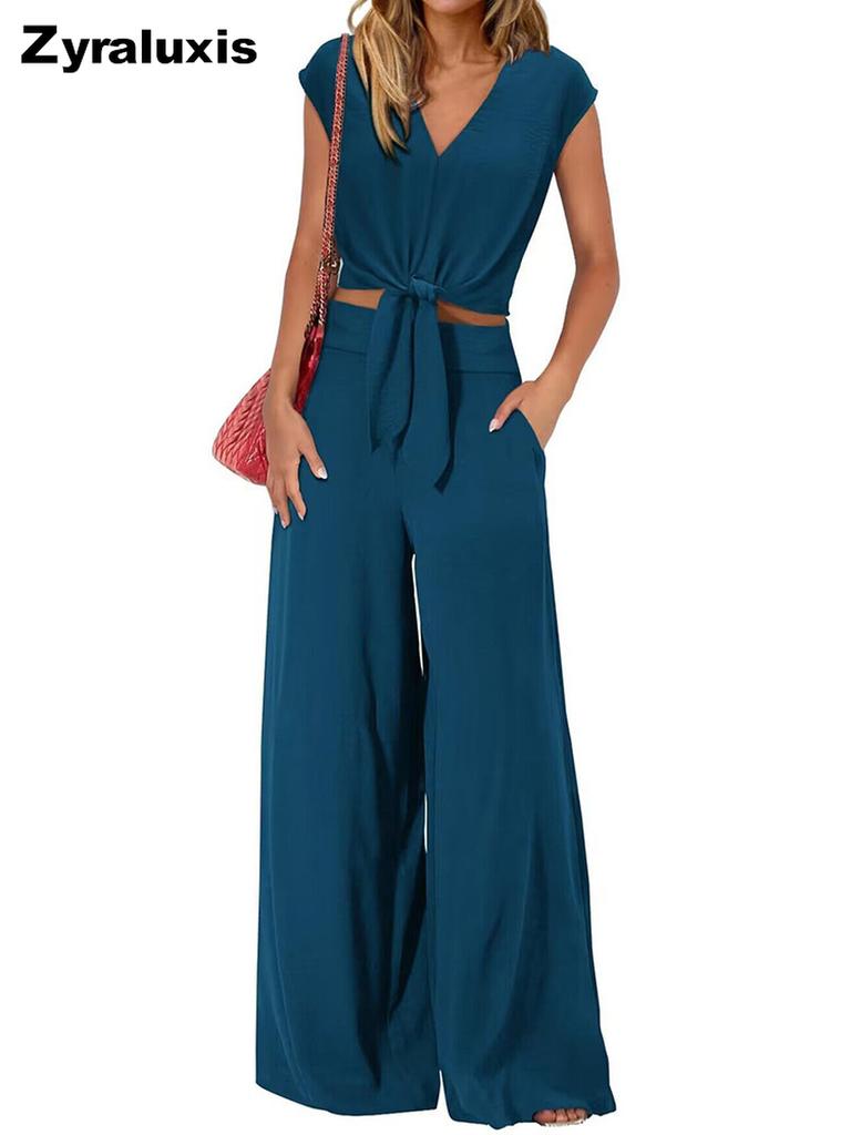 New Women's Summer V-Neck Tie Waist Shorts Wide Leg Pants Casual Fashion Set High Waist