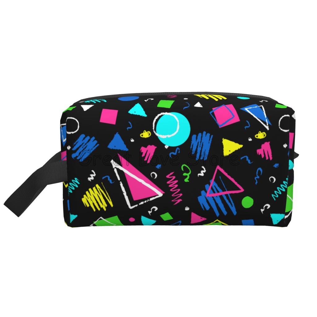 Retro 80er 90er Ikonen Geometrischer Druck Make-up Tasche Reise Kosmetiktasche Tragbare Kulturtasche Organizer Beutel mit Reißverschluss und Griff