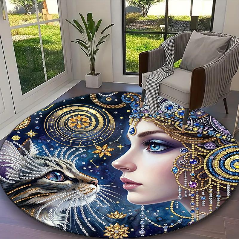 

1pc Office Printed Round Carpet, Adorable Black Feline Pair Rug, Home Sofa Chair Mat For Christmas and Halloween Décor Diameter 60cm