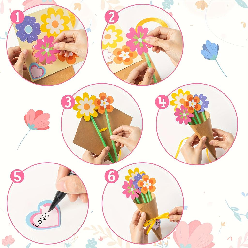 24Pcs DIY Flower Bouquet Craft Kit for & Mother's Day - Includes Colorful Paper Flowers, Cards - Ideal for Teacher Appreciation