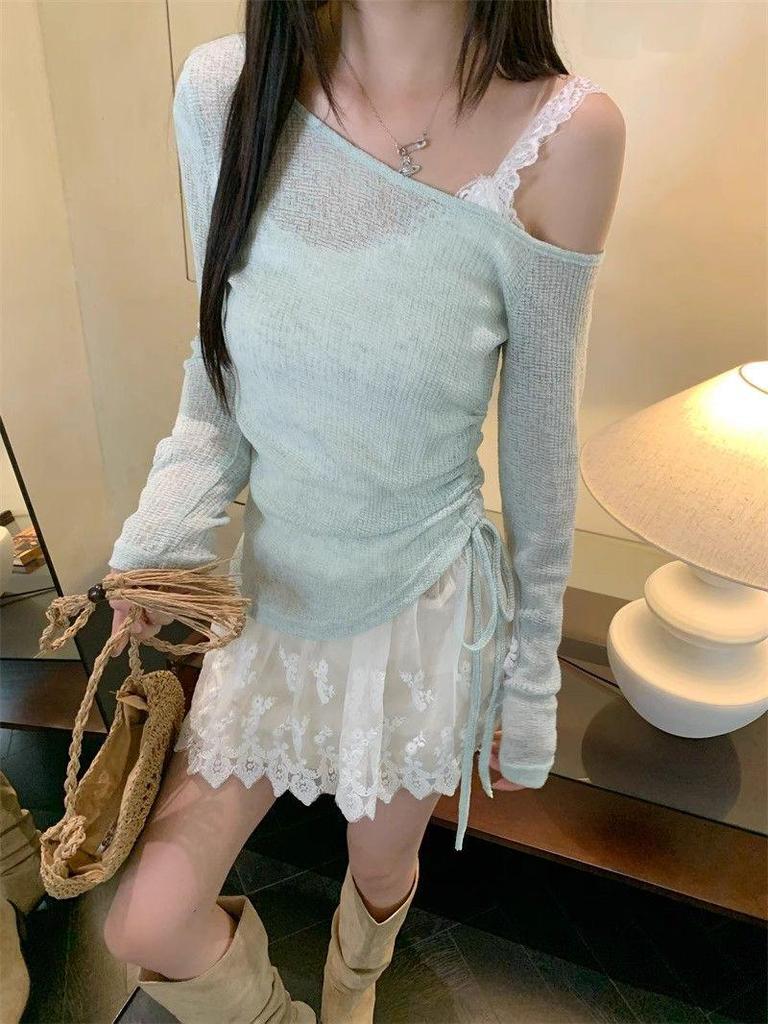 Damen Sommer 2025 Urlaubsstil Set: Spitzen-Camisole, Schulterfreier Kordelzug-Cardigan mit dünnen langen Ärmeln zum Sonnenschutz