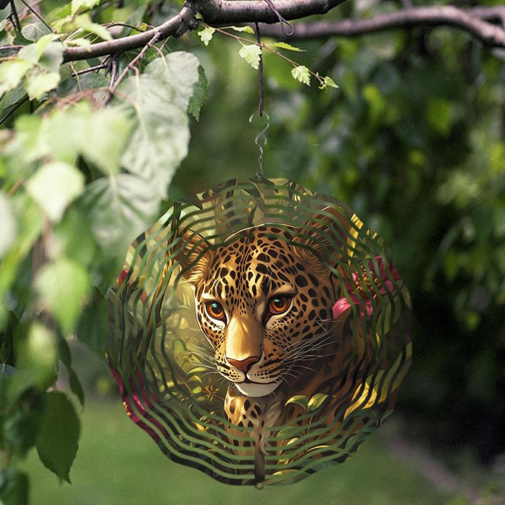 10 Inch Metal Leopard Wind Spinner Outdoor Garden Decor Hanging Wind Chime for Patio Yard 360 Rotating Hook Vibrant