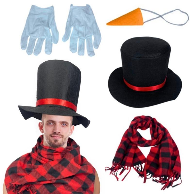 4 st Vinter Frostig Kostym Snögubbe Kit Cylinderhatt Näsa Halsduk Handskar Jultillbehör för Cosplay-kostym