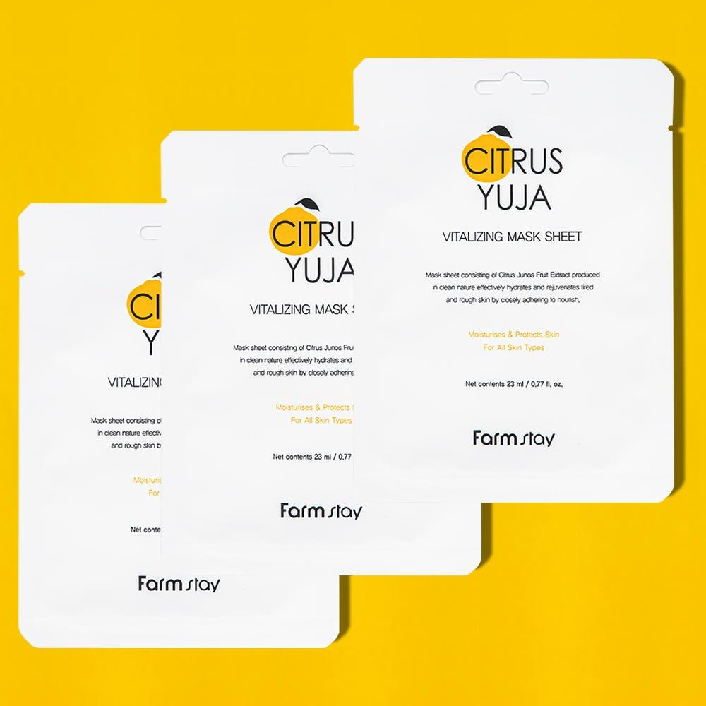 Farmstay Citrus Yuja Vitalizing Mask Sheet Brightening Hydrating 23ml x 10 sheets, 3 Packs