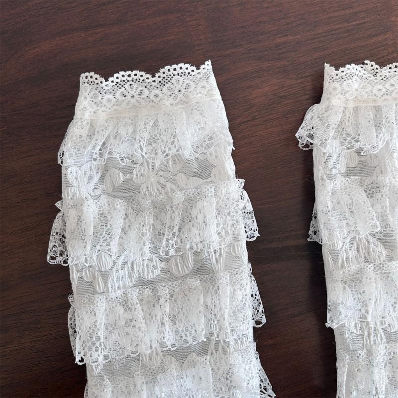 Aesthetic Elegant Tiered Ruffle Lace Leg Warmers for Women Mesh Leg Sleeves Covers Footless Socks with Ribbon Bowknot