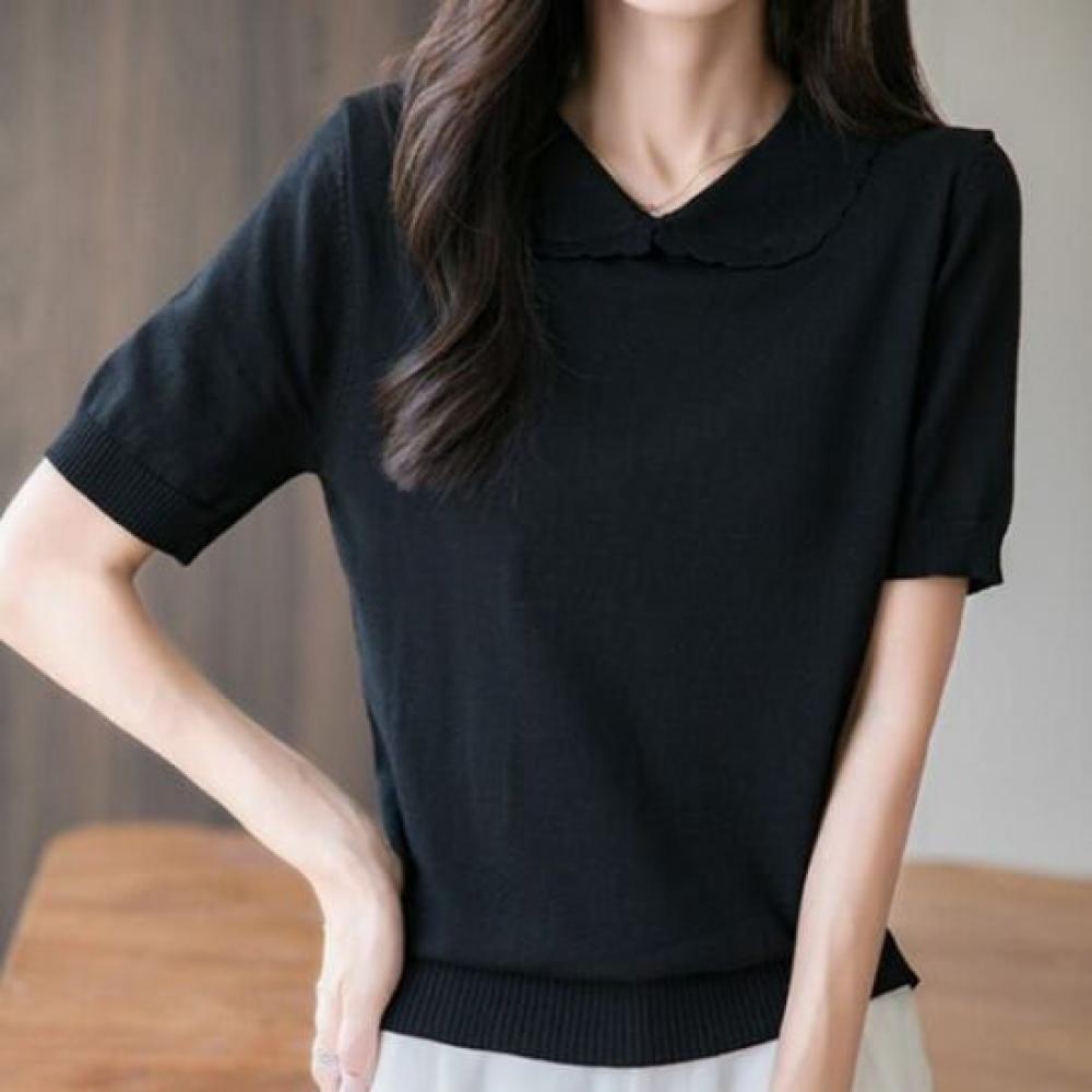Navava Simple Solid Thin Collar Short Sleeve Knit Tee Nk3028