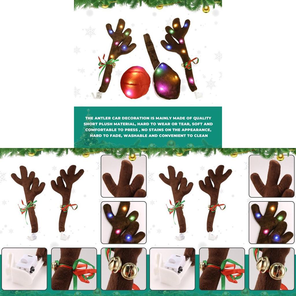 Plush Led Reindeer Antler Car Decor Kit With Lighted Nose And Tail For Festive Vehicle Ornamentation