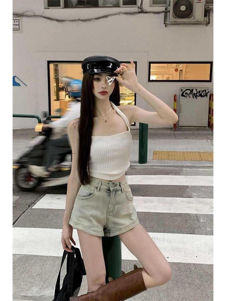 Retro Spicy Girl High Waist Denim Shorts - Women's Summer Slimming Wide-Leg Hot Pants with Pockets and Zippers