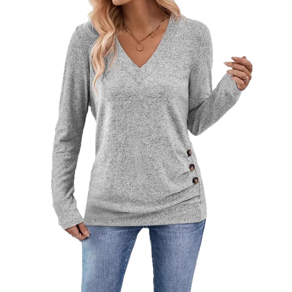 2024 Autumn-Winter Pure Color Button Detail Knit Plus Size Women's Comfortable Commute T-shirt