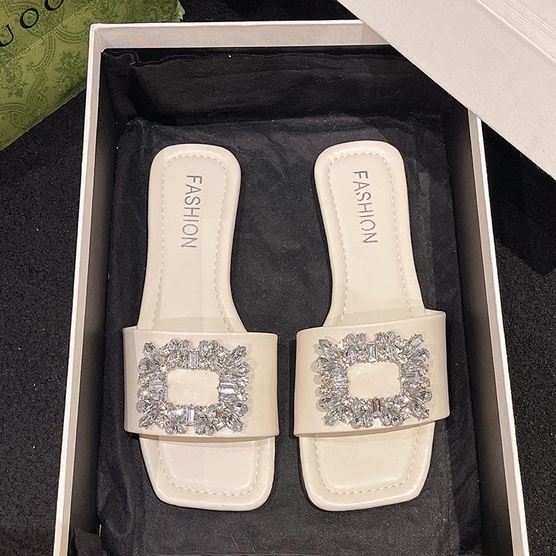 Wearing square head one-word drag rhinestone square buckle middle heel sandals women's summer new thick heel fashion slippers tide