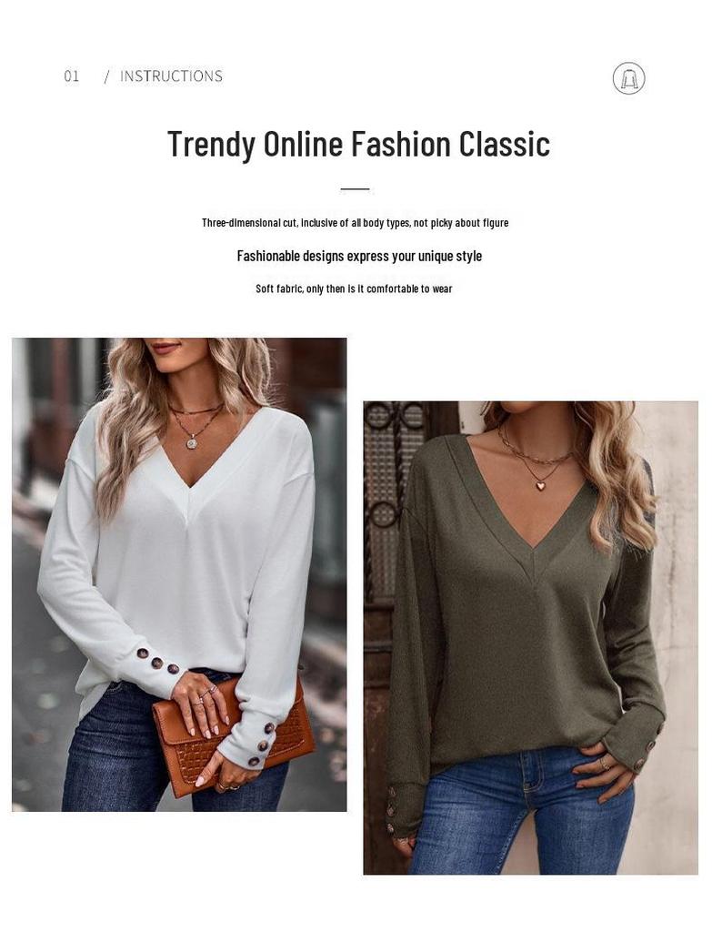 2025 Spring Women's Solid Color V-Neck Loose Long Sleeve T-Shirt with Buttons