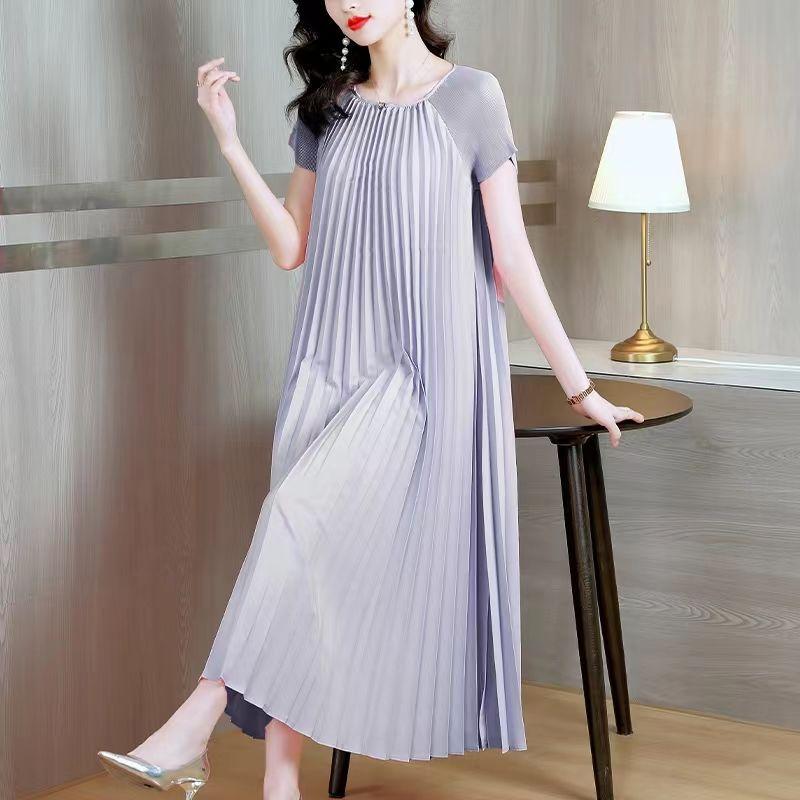 Women Casual O-neck Short Sleeve Summer Pleated Dress