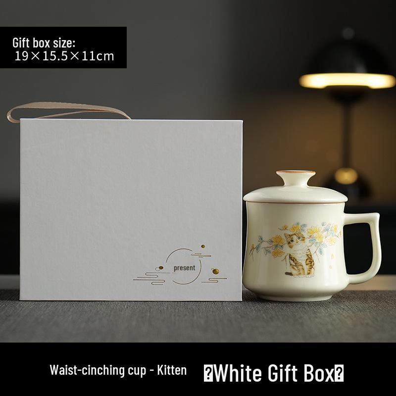 Beige Ru Ware Ceramic Tea Cup with Cute Kitten Design and Lid, Gift Boxed