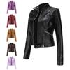 Womens Short PU Leather Jacket Stand Collar Slim Fit Lightweight Biker Style Coat