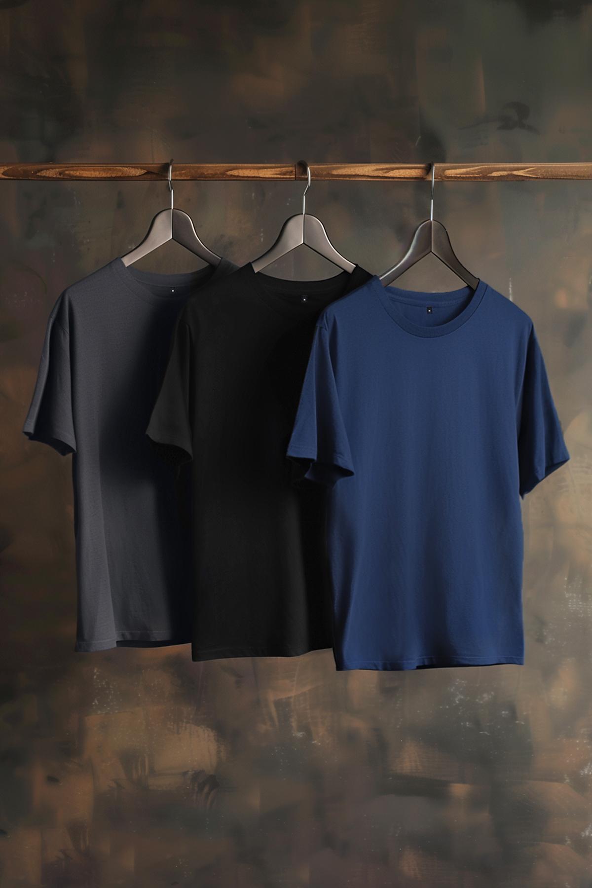 

Men s Fashion New T-Shirt Black-Navy Blue-Anthracite Regular Normal Cut 3-Piece Basic T-Shirt S