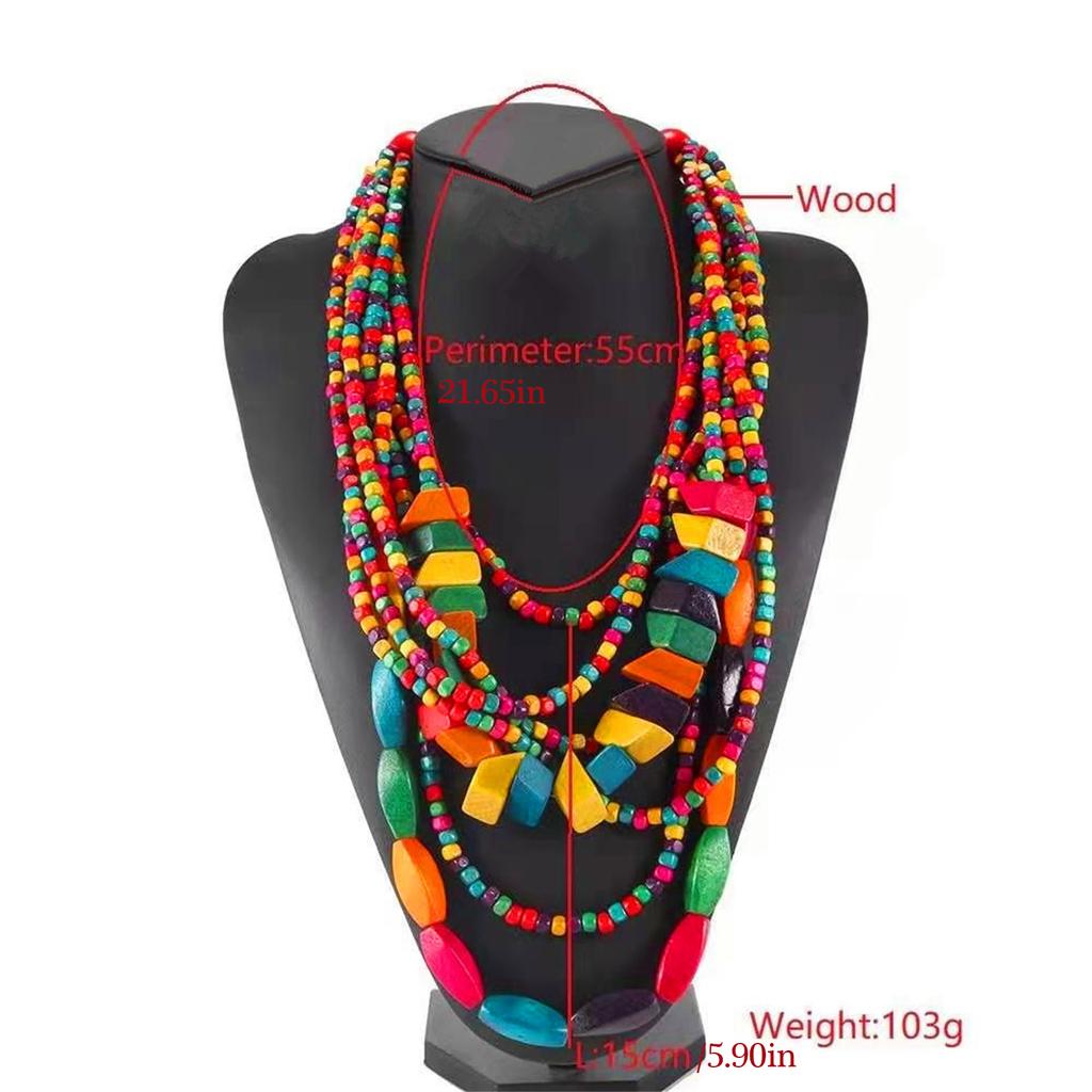 Vibrant Bohemian Style Multilayer Necklace Artistic Bohemian Multilayer Wood Neck Chain Jewelry Set for Music Festivals