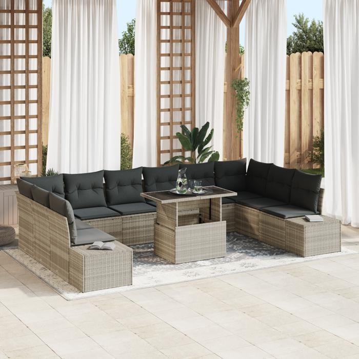 VidaXL Set de canapé de jardin 11 pièces avec coussins gris clair en poly rotin 3349258