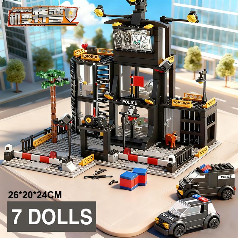 SWAT Polizeistation Militärstadt-Modell-Set Gefängnisauto Polizist Boot Figuren Modellbausteine DIY Spielzeug für Kinder Jungen Geschenk