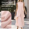 Women's High Neck Asymmetrical Sleeveless Top and Wide Leg Pants Two Piece Set