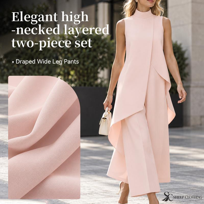 Women's High Neck Asymmetrical Sleeveless Top and Wide Leg Pants Two Piece Set