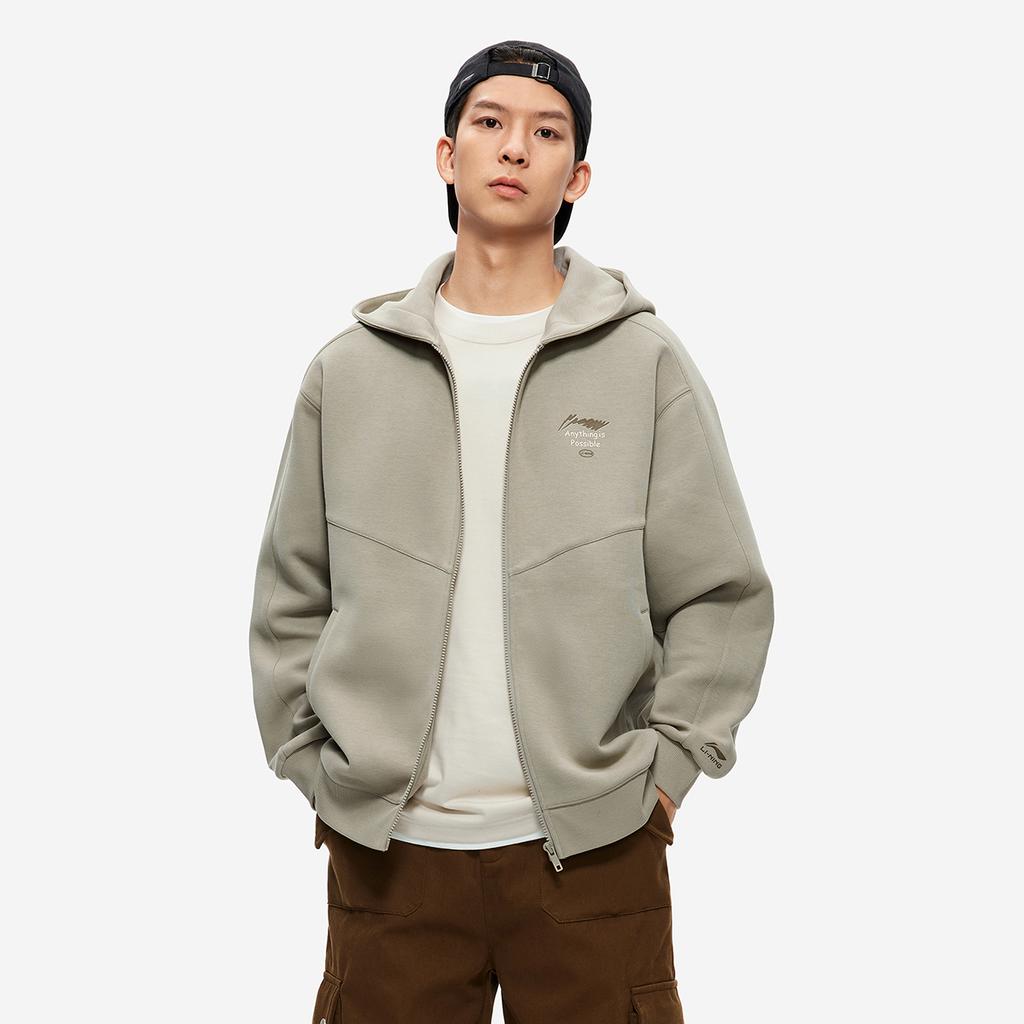 Li Ning Comfortable Casual Loose Letter Print Hooded Zipper Long Sleeve Cardigan Sweatshirt Unisex Sweatshirt Dark-Green AWDU973-4