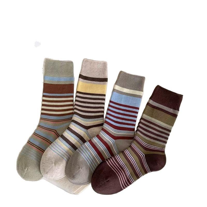 4 Pairs of Striped Socks, Women's Autumn and Winter Thigh-high Socks, Simple and Versatile Cotton Socks, Anti-odor Boneless Pile Socks, High Socks