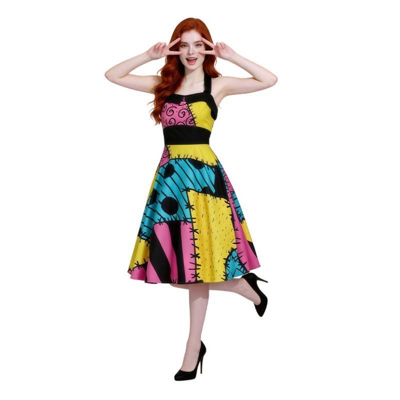 The Nightmare Before Christmas Sally Cosplay Dress For Christmas Party Halloween Stage Performance With Digital Print For Adults