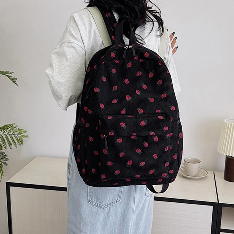Cord Rucksack mit Erdbeermuster Lässiger Reiserucksack Große Kapazität Mode Teenager Tagesrucksack Verstellbarer Riemen für Outdoor-Reisen AVE
