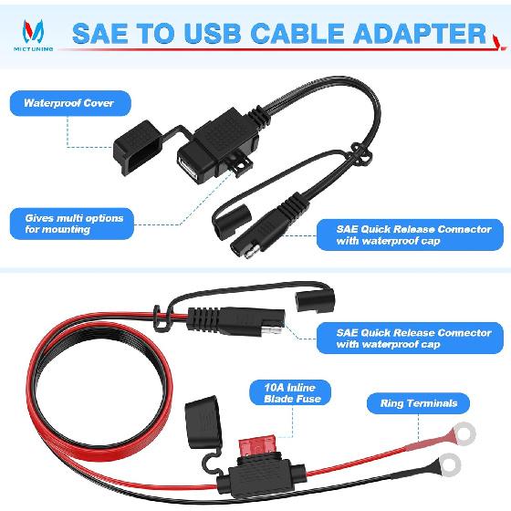 MICTUNING Motorcycle USB Charger,SAE To USB Cable Adapter SAE Quick Disconnect 2.1A Waterproof USB Port With Inline Fuse, Socket Cable 12V-24V For
