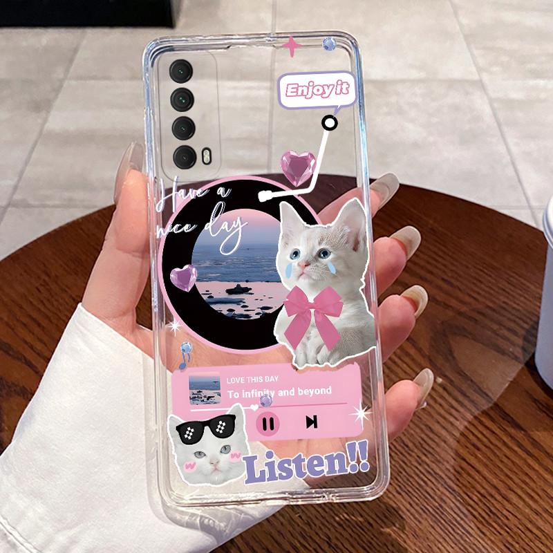 Jelly Casing For Huawei P Smart 2021 / Huawei y7a Funda Clear Silicone Soft TPU Back Cover Cute Cat Rabbit Heart Protective Case