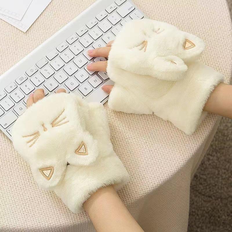 Cat gloves ladies plush cute bare finger half finger warm student girl plush flip