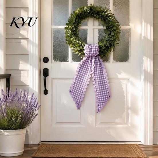 Front Door Wreath Bows Fall Scalloped Sash for Door, 55 Inch Plaid Gingham Autumn Wedding Ornament Thanksgiving Ribbon Harvest Yard Porch Doorway