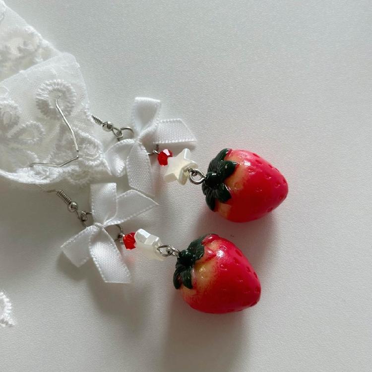 Elegant Fruit Charm Earrings Bowknot Strawberry Ear Pendants Unique Accessory