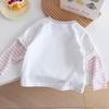 Girls' Spring Striped Patchwork Sleeves KT Cat Print Long-Sleeve Two-Piece T-shirt