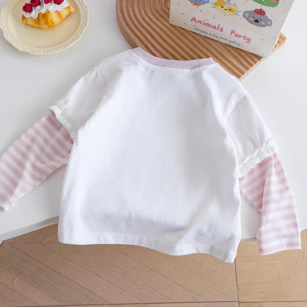 Girls' Spring Striped Patchwork Sleeves KT Cat Print Long-Sleeve Two-Piece T-shirt