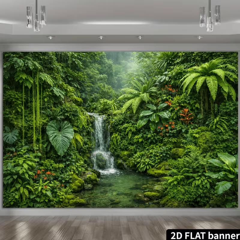 Tropical Rainforest Backdrop with Waterfall, Giant Leaves and Ferns Photography Background