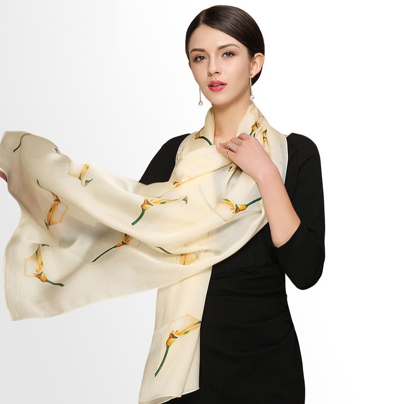 Silk Scarf Streamer Calla Lily Print Women'S Mulberry Silk Silk Scarf Georgette Satin Shawl Elegant Silk